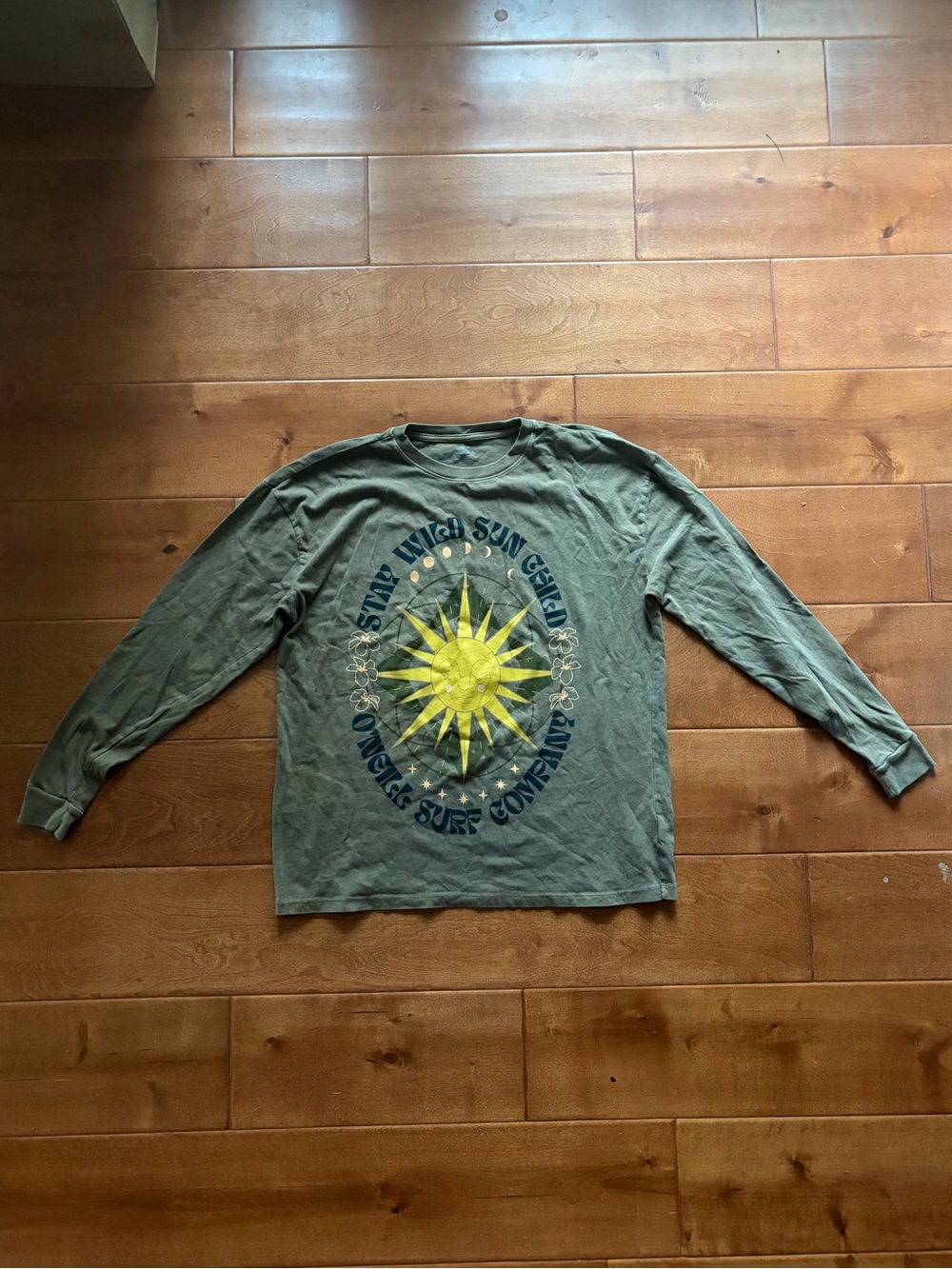 O'Neill Olive Green Long Sleeve Tee with Yellow Sun Graphic